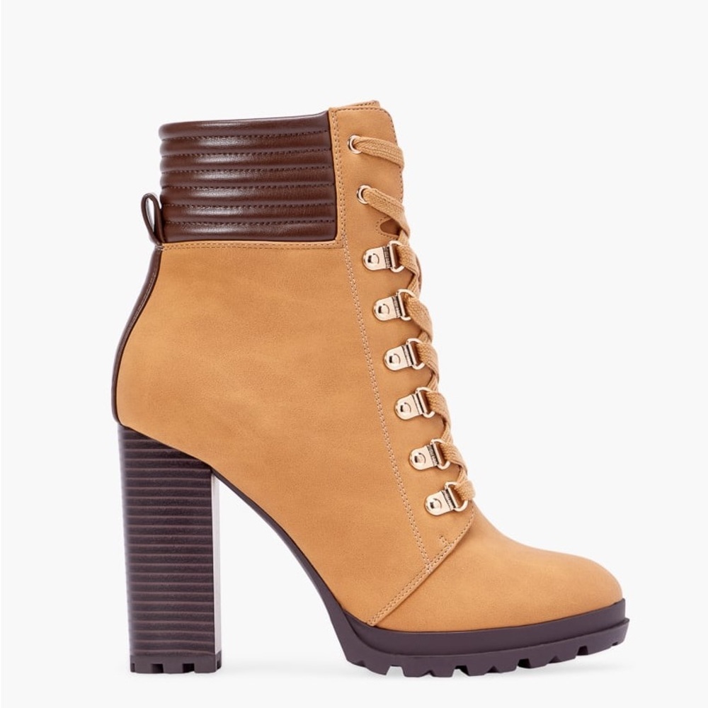 JUST FAB Shandee Tan Ankle Lace Up Block Heel Boots Chelsea Shoes Size 7 Wide - Picture 3 of 11